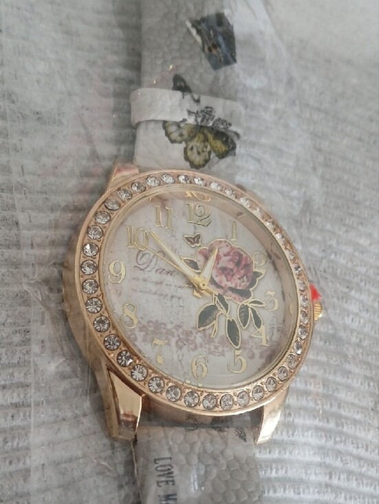 Women\'s Floral Dial Crystal Bezel Watch - White Strap main image 4